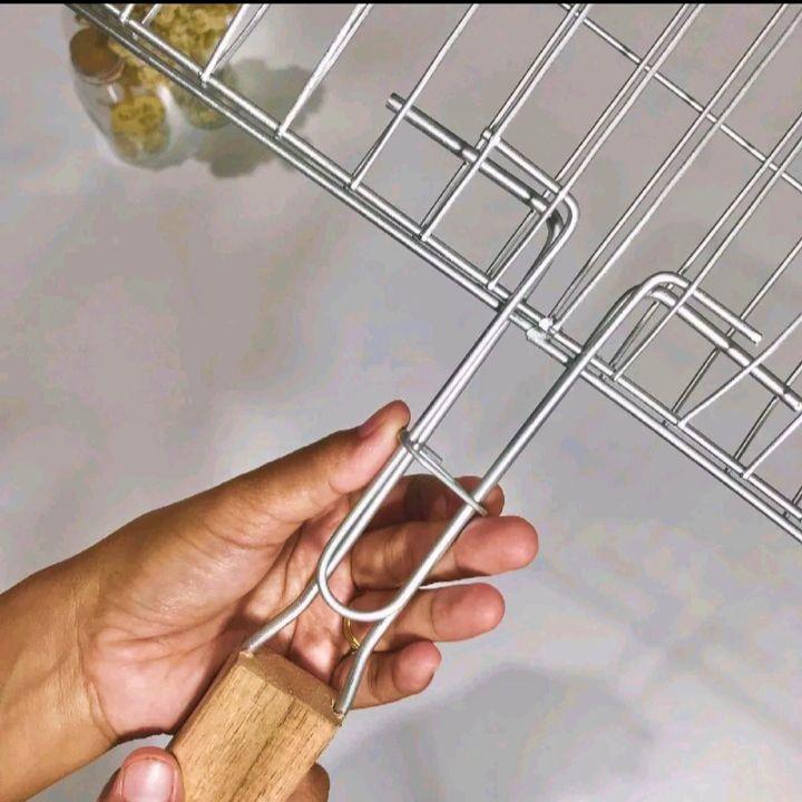 Panggangan Ikan Jumbo Jepit Stainless Jepitan Panggangan Gagang Kayu untuk BBQ dan Grill Serbaguna Kitchenware