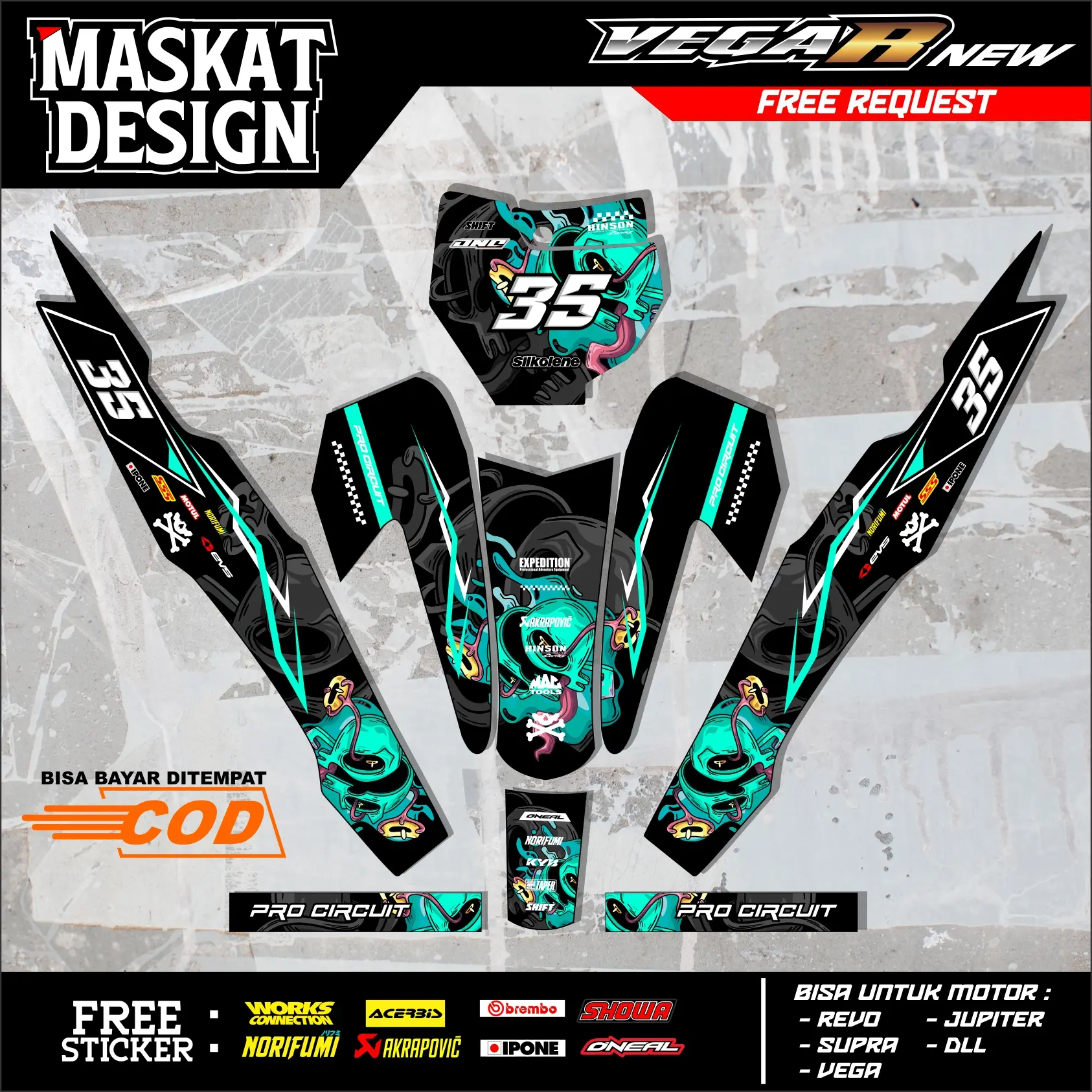Sticker Motor RBT/GTX VEGA R New: Modif SUPERMOTO YZ CRF KLX KX KTM RBT GTX - Maskat Design 24.05 Motorcycle Glosy