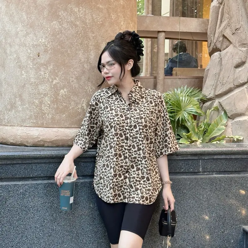 Bộ sơ mi phom rộng quần ngố hàng Freesize 45-70kg Nữ Women Voi Top Shirt Nhung 0