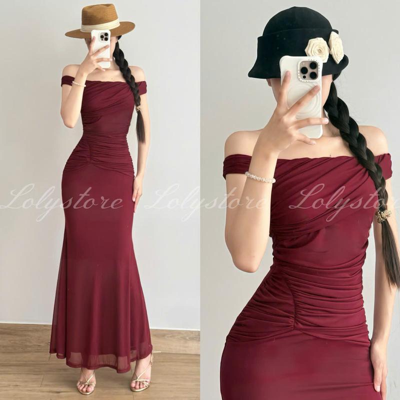 ( CÓ BIGSIZE ) Đầm body nữ thiết kế vai ngang nhún eo tạo điểm nhấn sang chảnh Lolystore Dresswomen XY791