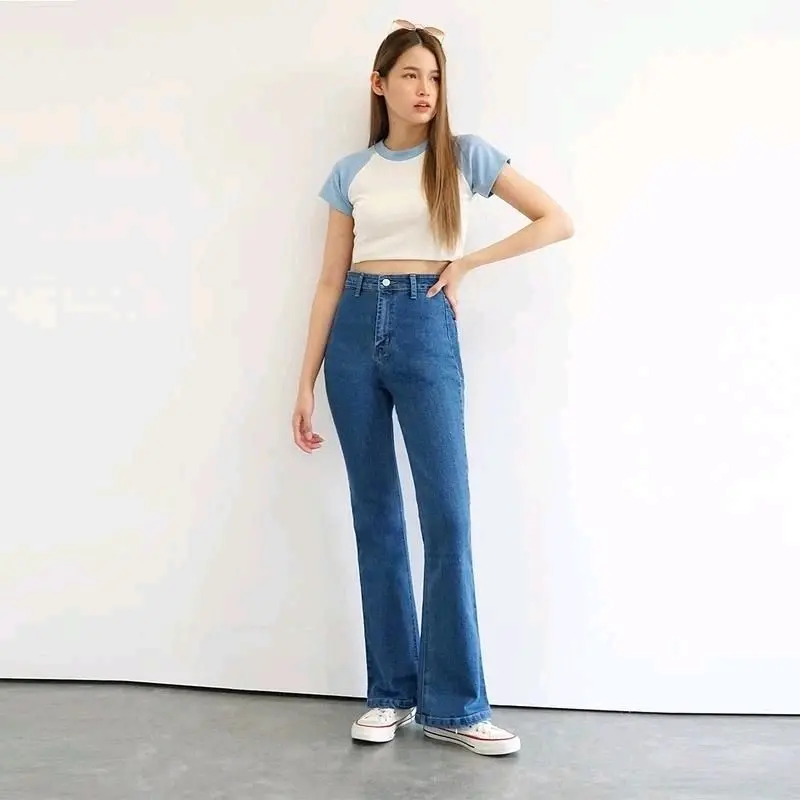 Highwaist Stretch Cutbray Jeans Cutbray Loose HANGOUT Wanita Panjang Melar