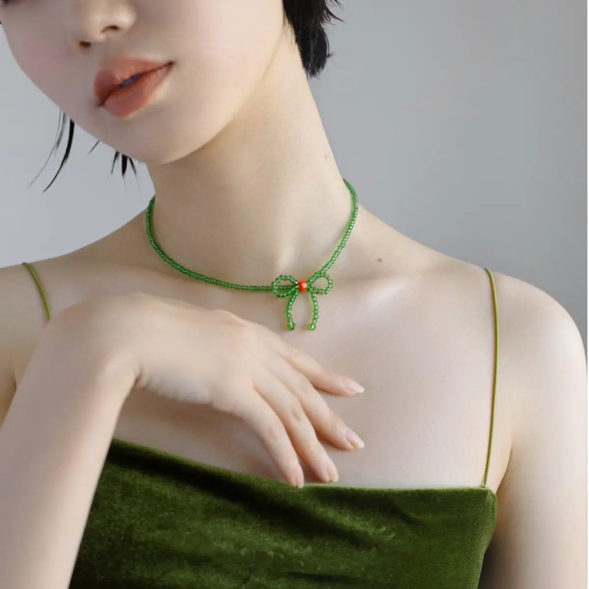 Green Mini ribbon beaded necklace