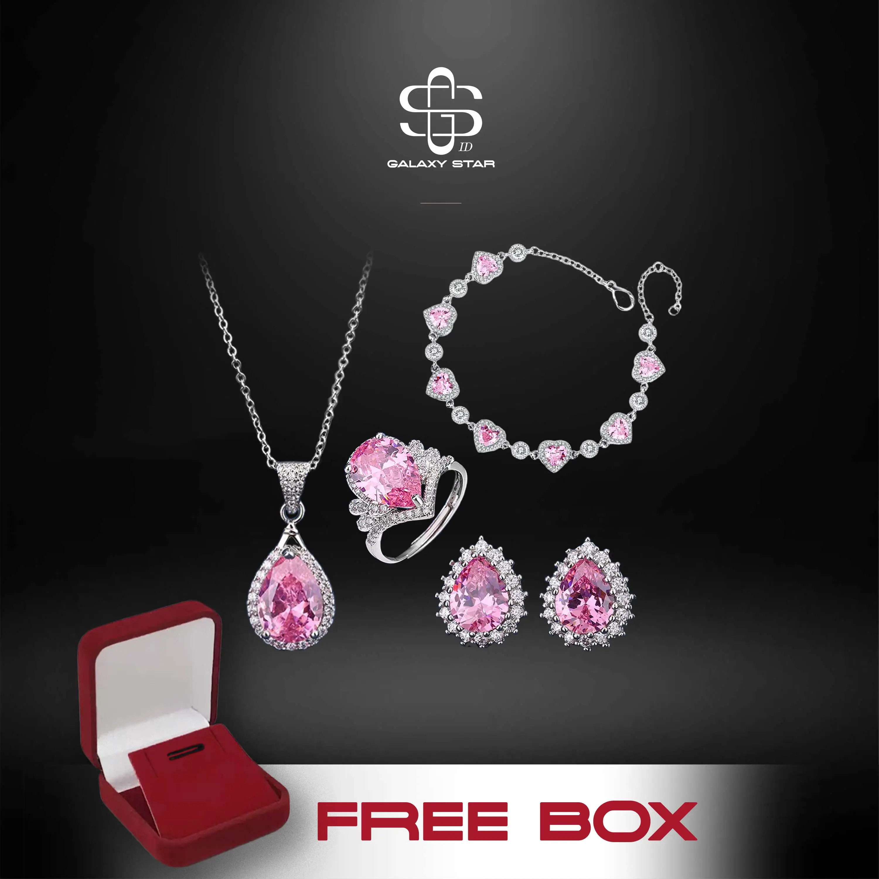 ((FREE BOX)) Korean Trendy Crystal Jewelry Set – Glamorous Pink Edition AAKB0015