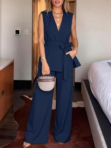 Conjunto de dos piezas para mujer estilo urbano para trabajo: top sin mangas con cuello en V y lazada trasera cruzada + pantalón largo, moderno y cómodo