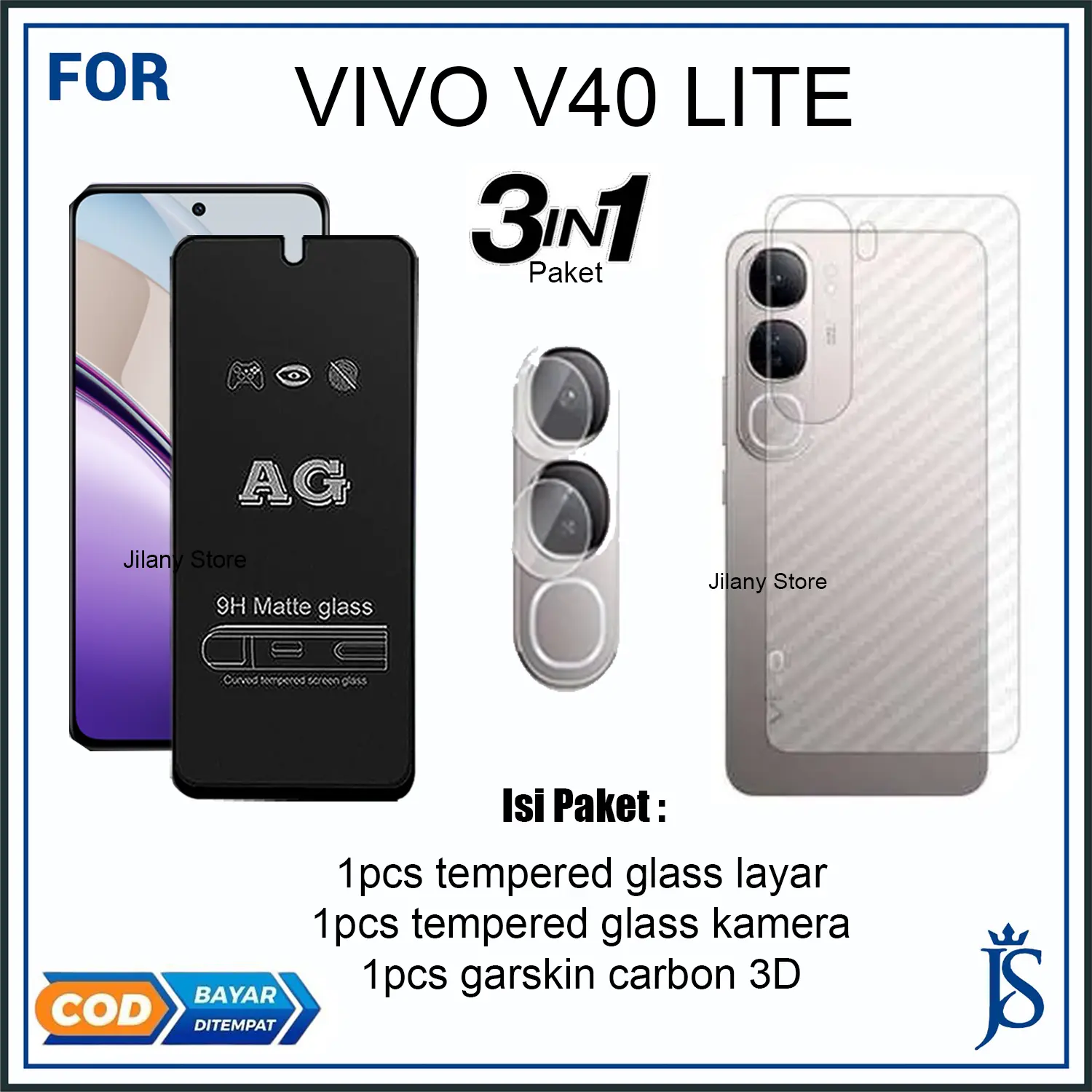 Paket 3IN1 Tempered Glass Vivo V40 Lite + Pelindung Kamera + Skin Carbon Layar