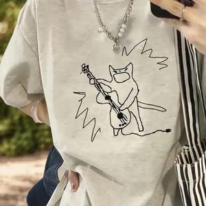 電気音小猫模様プリント婦人用半袖Tシャツ、丸首、ゆったり、純綿カジュアルトップス、丸首、ショルダーベルト、ゆったりシルエット、通気性、肩落ちデザインプリントTシャツ夏季ゆったりタイプ