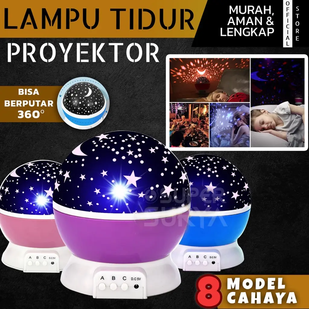 Lampu Tidur Proyektor Aesthetic 360 LED Kamar Karakter Bulan Bintang Rotasi 8 Mode