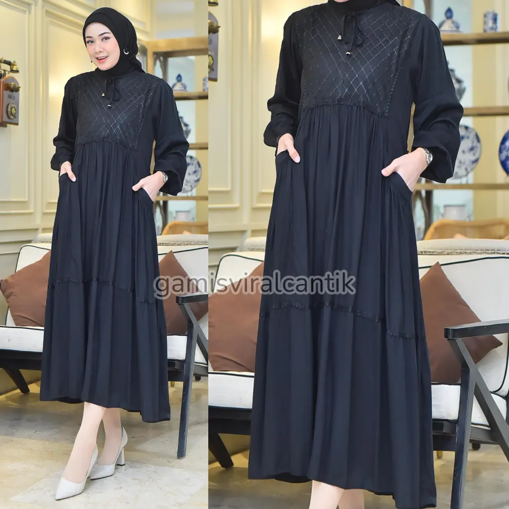 Gamisviralcantik - Nabila Dress Midi Premium Bahan Rayon Twill Adem Nyaman Aksen Renda & Brokat Bumil Busui Friendly | Baju Muslim Wanita Mewah Terbaru