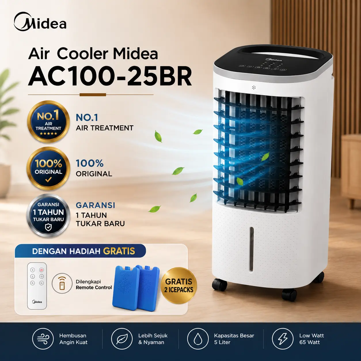 Midea Air Cooler AC100-25BR 5L 65 Watt Low Watt Remote Control Timer 7 Jam Air Cooler Portable 3 Mode Angin 3 Kecepatan Swing Otomatis Gratis 2 Ice Packs Original Garansi 1 Tahun