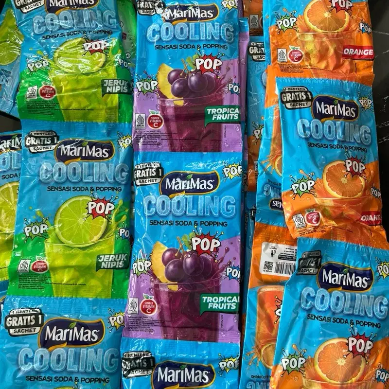 Marimas cooling sensasi soda dan popping 9,5gr X 11pcs | 1 renteng gratis 1 pcs rasa jeruk nipis, orange, tropical fruit