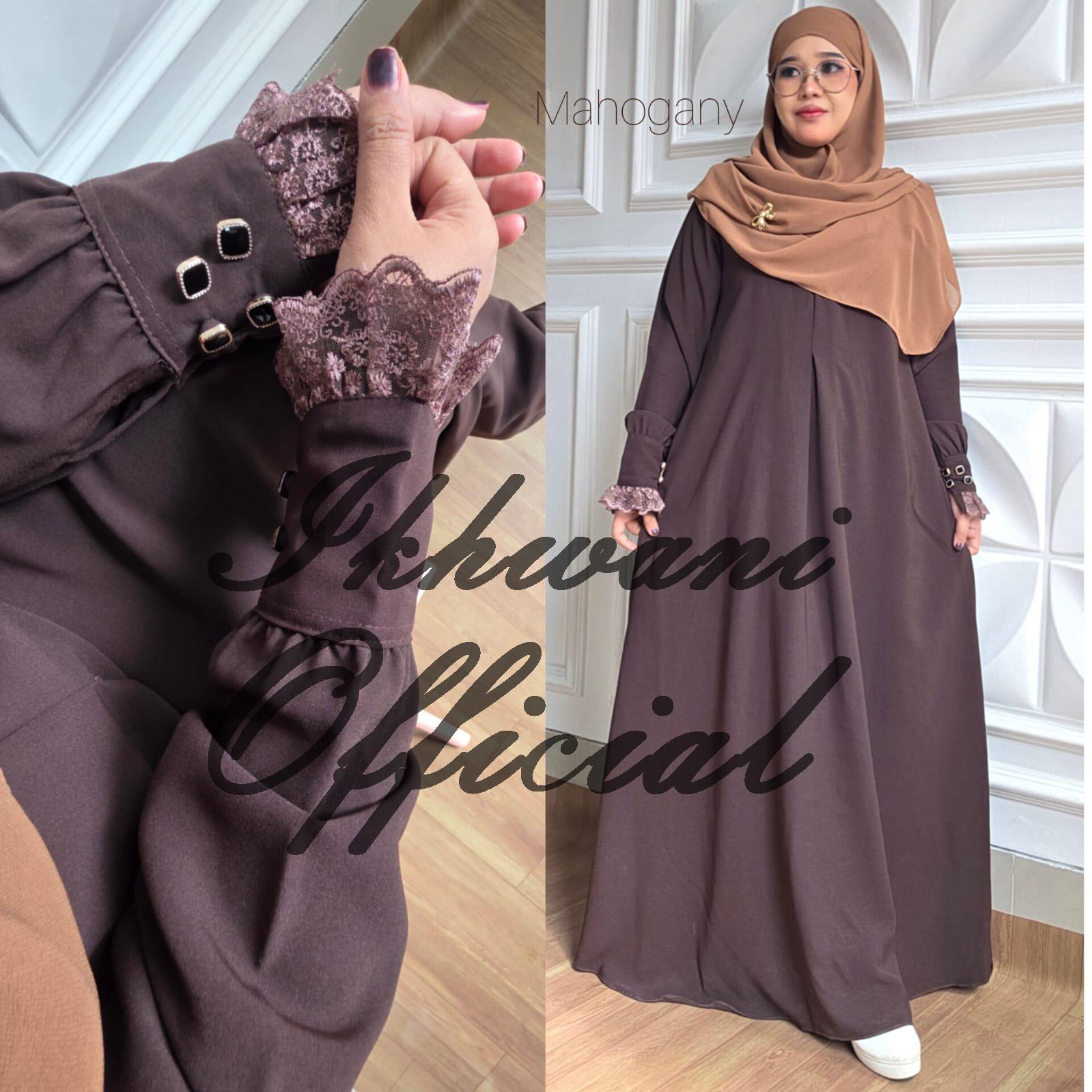Abaya YASMIN NUA Ikhwani tangan kancing variasi renda Abaya umroh haji muslimah syar'i