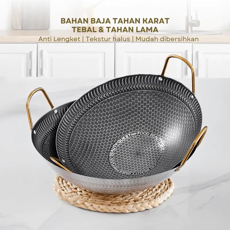 Motif Silver Wajan Penggorengan Kuali Mini Stainless Steel Gagang Kuping 20 24 28 CM 1