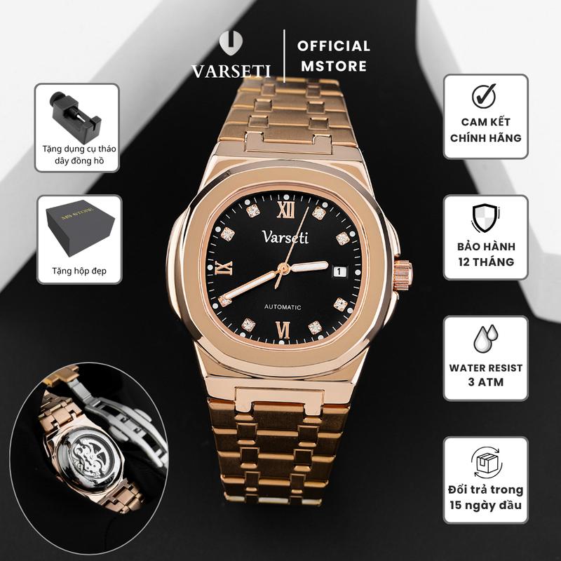    ĐÌNH TRƯỞNG  - Đồng Hồ Nam Varseti Automatic Dây Kim Loại Mạ Vàng Hồng các cọc số được đính đá pha lê tinh xảo – M219 