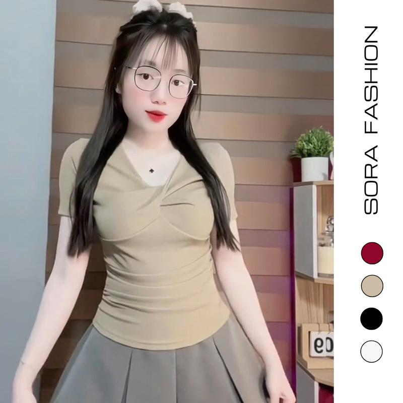 (DEAL MỞ BÁN) Áo Kiểu Nữ Cổ V Xoắn Ngực Ngắn Tay Bigsize Sora Fashion, Áo Thun Nữ Chất Liệu Thun Tăm Hàn Co Giãn  215