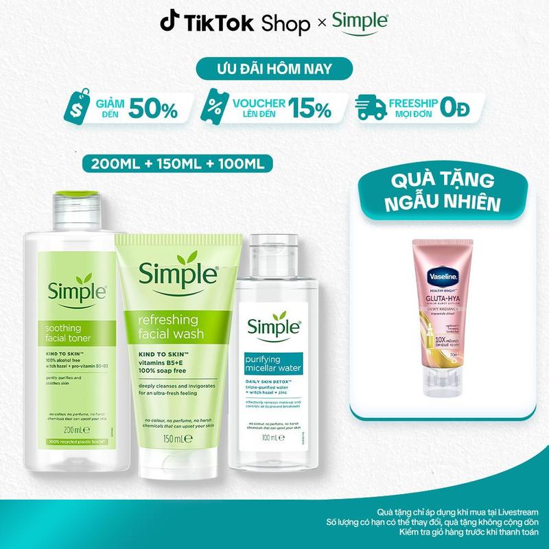 Combo 3 Skincare Simple Sữa Rửa Mặt Simple Sạch Khoẻ Đàn Hồi 150ml + Nước Tẩy Trang Sạch Sâu Ẩm Mịn 100ml + Nước Hoa Hồng Làm Dịu & Cân Bằng Da 200ml