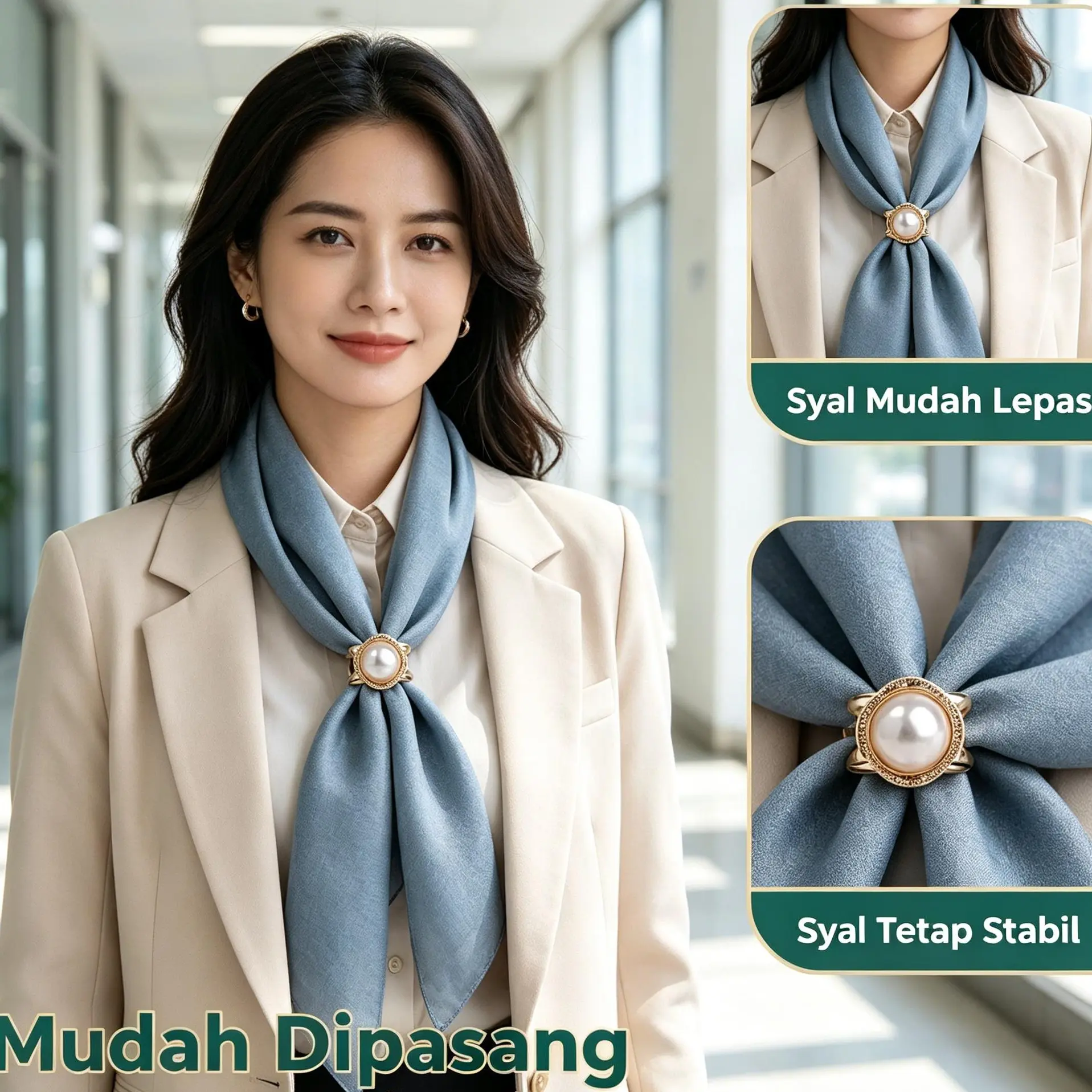 Penahan Syal Model Mutiara Logam Berkualitas Anti Karat Tampilan Elegan Cocok Semua Outfit Harian