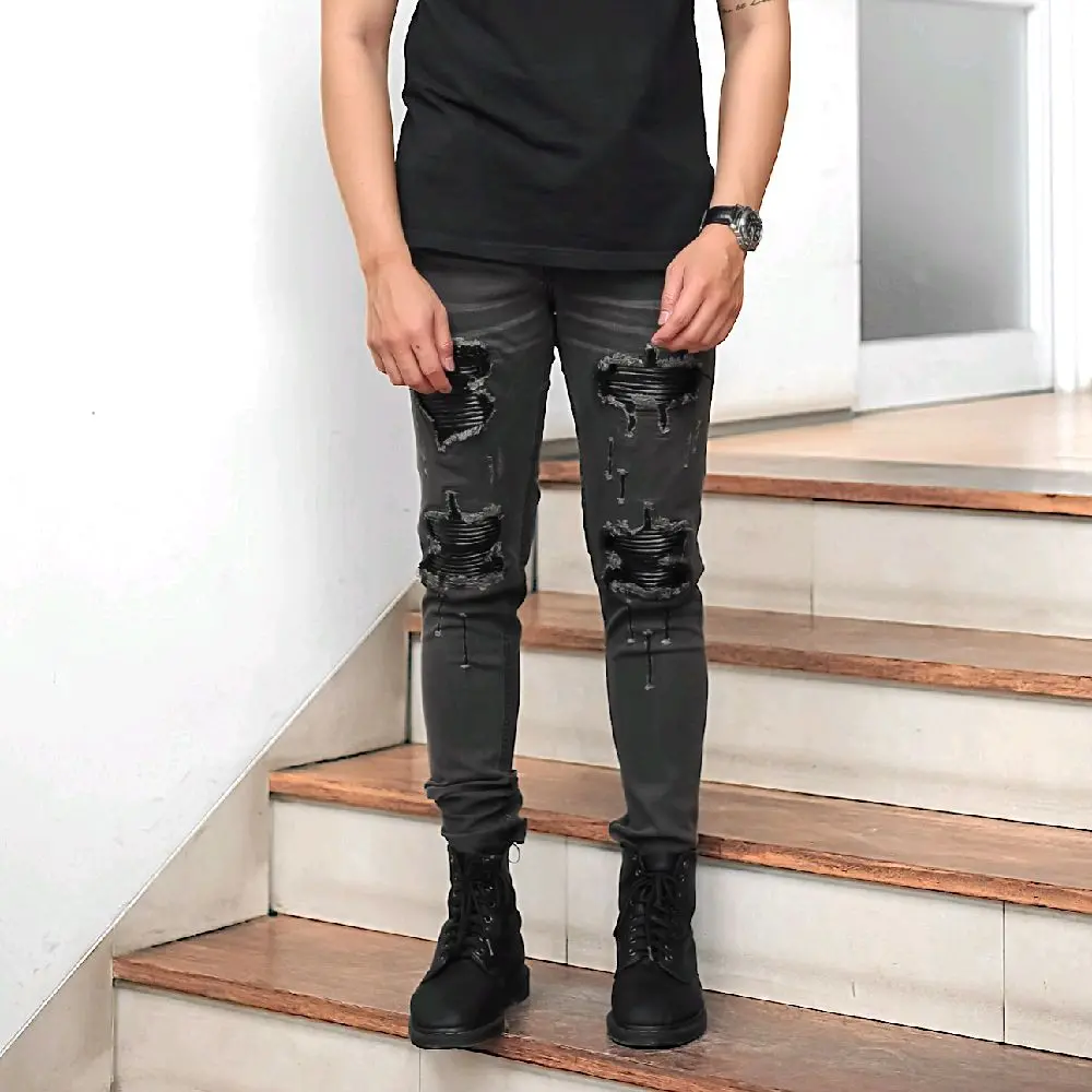 VIRREL.ID - VINTAGE GRAY - Leather Patch - Celana Jeans Panjang Pria Ripped Skinny