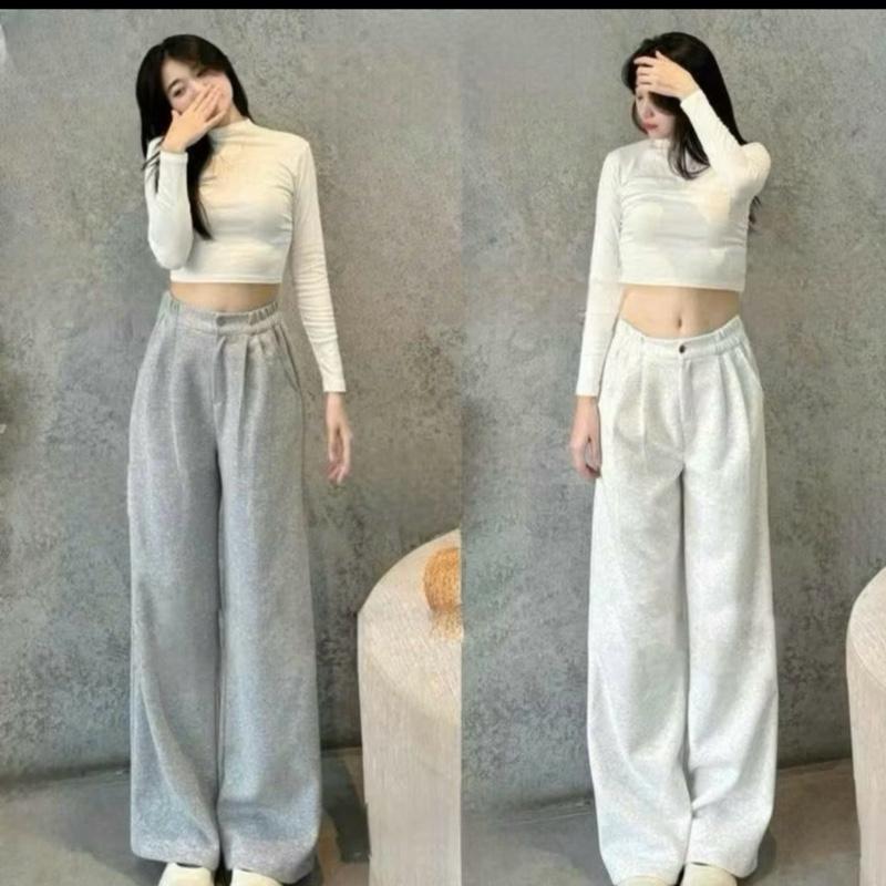  Quần ống rộng nỉ 2 da cao cấp cúc cài co giãn nữ m50 m55 m60 - Quần thể thao ống suông dài cạp chun đi học thể dục nhà cho nữ 