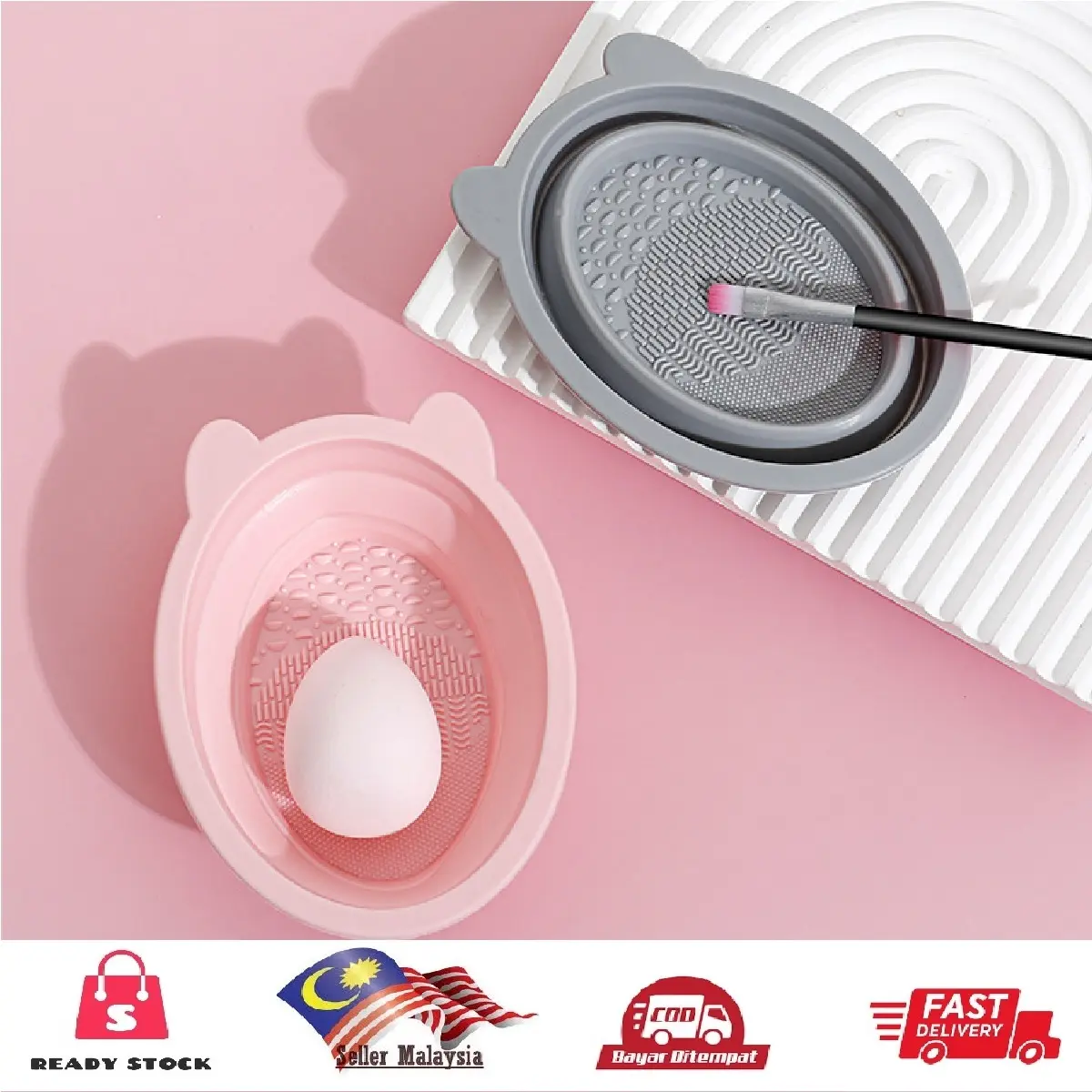 [Ready Stock] Oval Shape Foldable Silicone Makeup Cleaning Brush Scrubber Bowl Sponges Cleaning Pad Makeup Brush Cleaner and hanging Dry Net Makeup Brush Cleaners Pink Purple Cleansing Bowl String Bag Beauty Eggs Makeup Brushes Cleansing Bowl