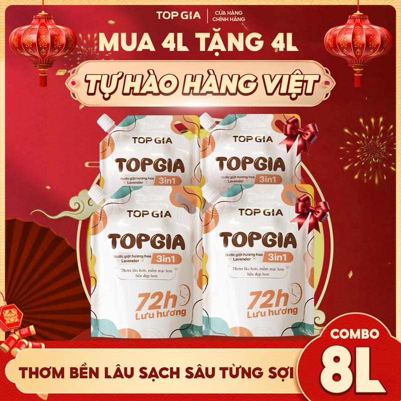 SALE CUỐI NĂM MUA 4L TẶNG 4L 8L nước giặt topgia hương nước hoa lavender 3in1 lưu hương 72h cho mẹ và bé da nhạy cảm sạch khuẩn khử mùi thơm lâu phơi đâu cần nắng nmh Thơm bền lâu sạch sâu từng sợi nxl