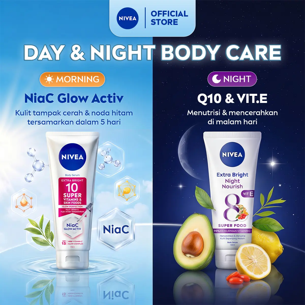 NIVEA BODY CARE SUPER10 - NIVEA Extra Bright 10 Super Vitamins & Skin Foods Serum in Lotion 170ml & NIVEA Extra Night Nourish Serum 180ml