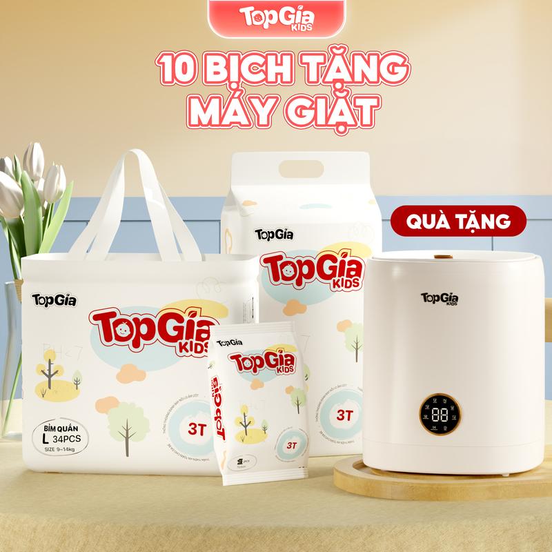 COMBO 10 BỊCH + MÁY GIẶT MINI Tã Bỉm cho bé bỉm TopGiaKids pH < 7 ngừa hăm đai chun đệm mây mềm mại co dãn 4 chiều thấm hút bề mặt khô thoáng size S đến XXXL cho bé từ 4-20kg kem HCM
