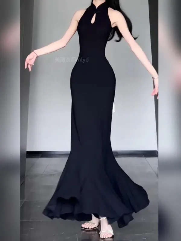Đầm dài Sườn Xám 2024 Hiện Đại Cho Phụ Nữ Không Tay Bodycon Thanh Lịch Sexy Thiết Kế Thời Trang Quần Áo Truyền Thống Căng Ra Màu Đen tiệc tối buổi tối trang trọng Women Dress 3