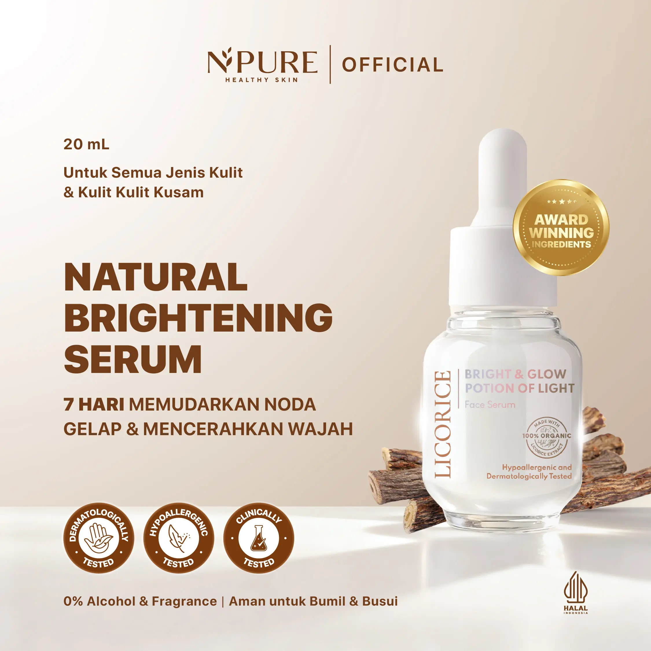 NPURE Glowing Serum Licorice 20 ml / Brightening / Niacinamide / Wajah Cerah Glowing / Flek Hitam / Kulit Kusam / Bekas Jerawat / Meratakan warna kulit / No Alcohol / Hypoallergenic / Dermatologically Tested / Aman Bumil Busui / HALAL