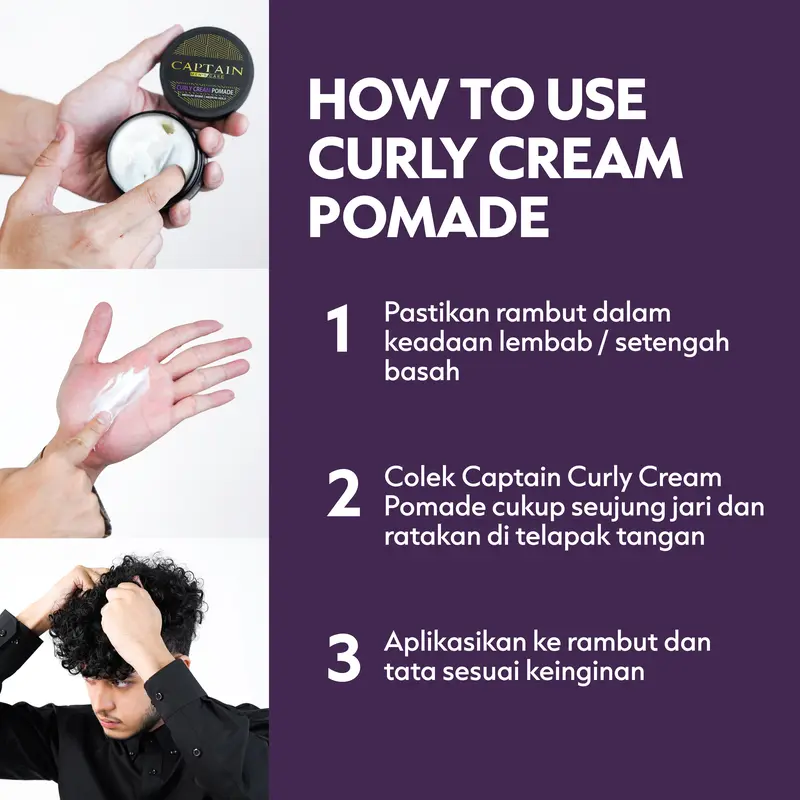 Captain Men's Care Curly Cream Pomade 30gr / Pomade Pria / Medium Hold / Medium Shine / Moisturizing / Melembabkan Rambut / Membuat Rambut Ikal Kering Menjadi Lembut Berkilau Perawatan Cowok 4