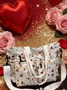 Bolso Casual para Mujer con Estampado de Cerezas, Diseño con Múltiples Bolsillos y Cierre, Correa Ajustable, Bolsillo Lateral para Botella de Agua y Paraguas