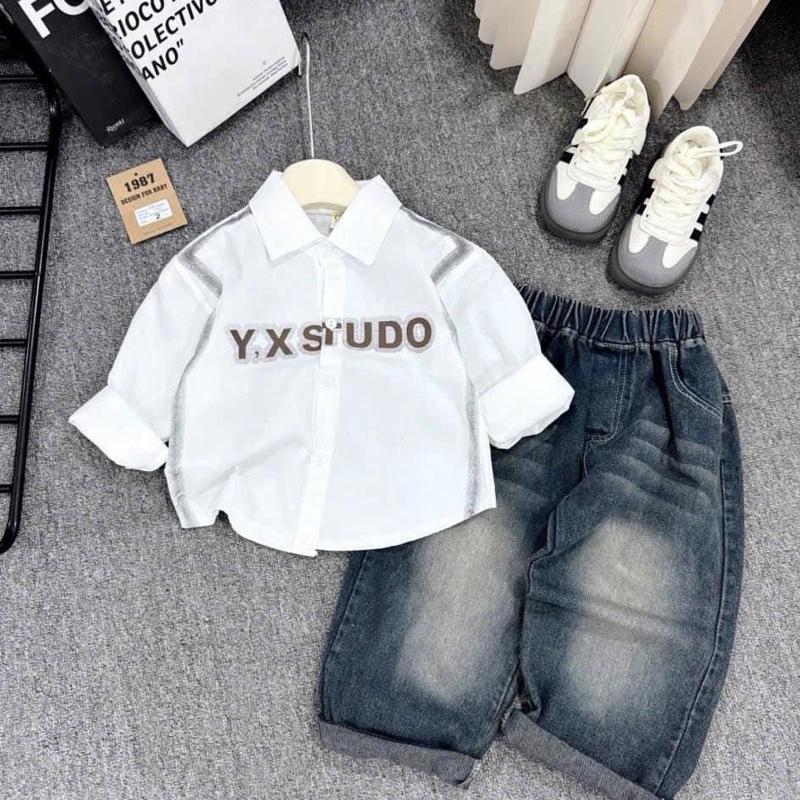 Sét áo sơ mi trắng Có Cổ + quần bò Jean cho bé trai siêu đẹp từ 10-33kg