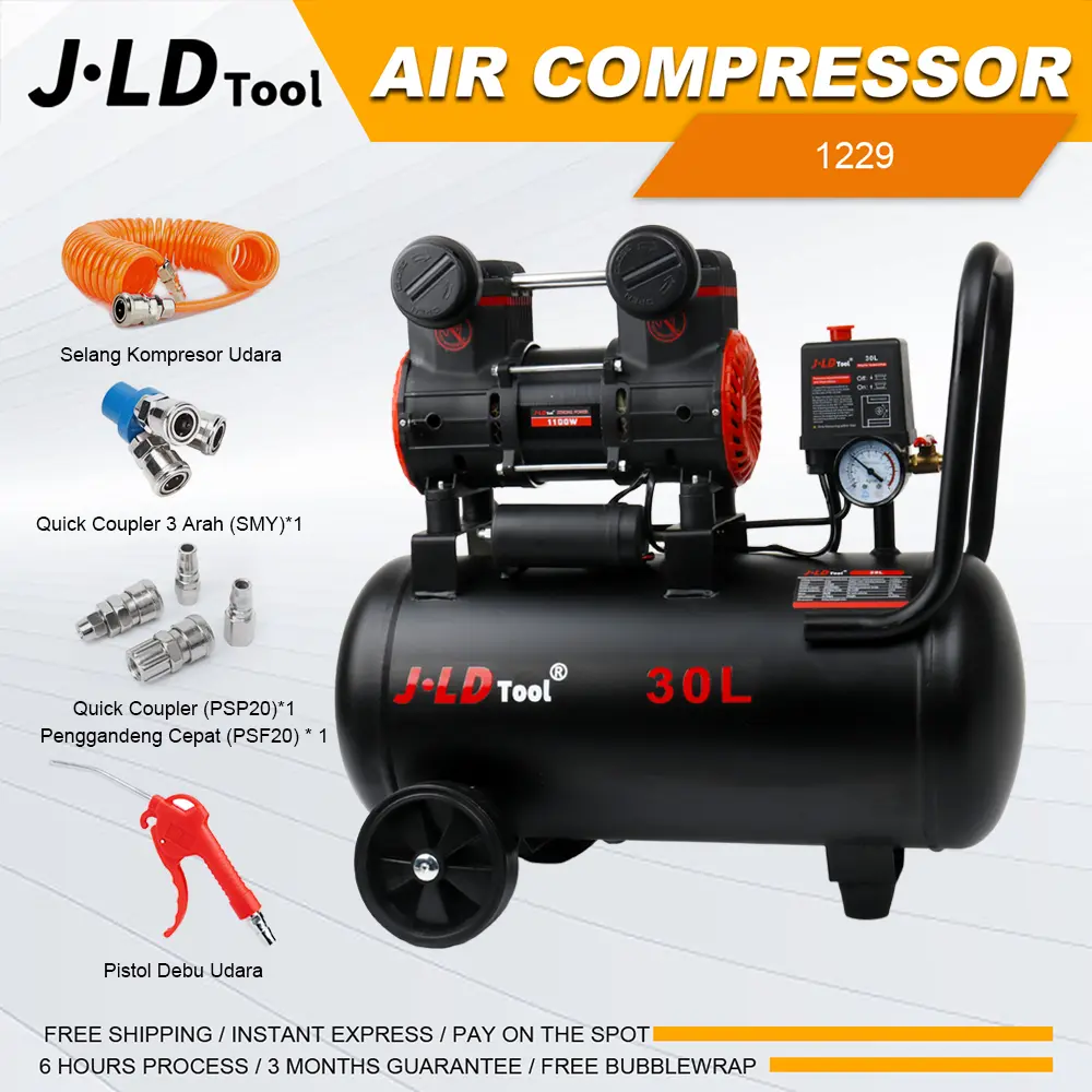 J.LD TOOL Mesin Kompresor Angin Listrik 30L 8bar Tanpa Oli 1100W Full Sets