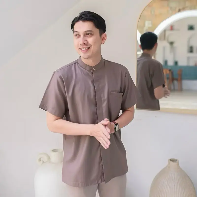 Butikchlaris Barik Koko Pria Dewasa Lengan Pendek Atasan Kemeja Kemko Katun Kerah Shanghai Polos