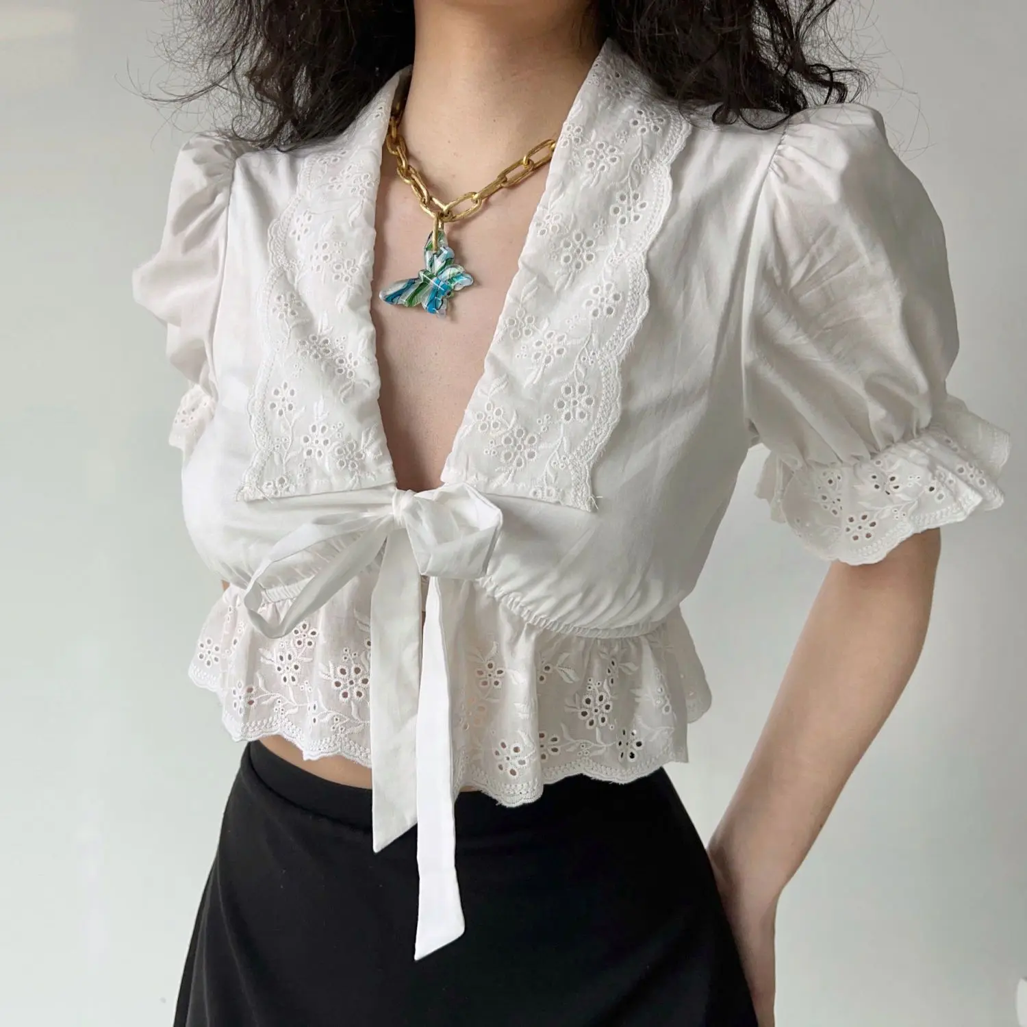 Áo Cánh Ren Thêu Tay Phồng Phong Cách Tòa Án Pháp, Dành Cho Nữ, Màu Trắng, Thanh Lịch Và Gợi Cảm, Áo Crop Top