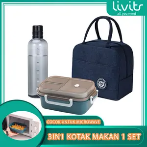 3in1 KOTAK MAKAN 1 SET Tempat Makan 2 Tingkat 3 Sekat Anti Tumpah I Lunch Box Susun Free Sendok Garpu Portable Tempat Makan Bekal Sekolah