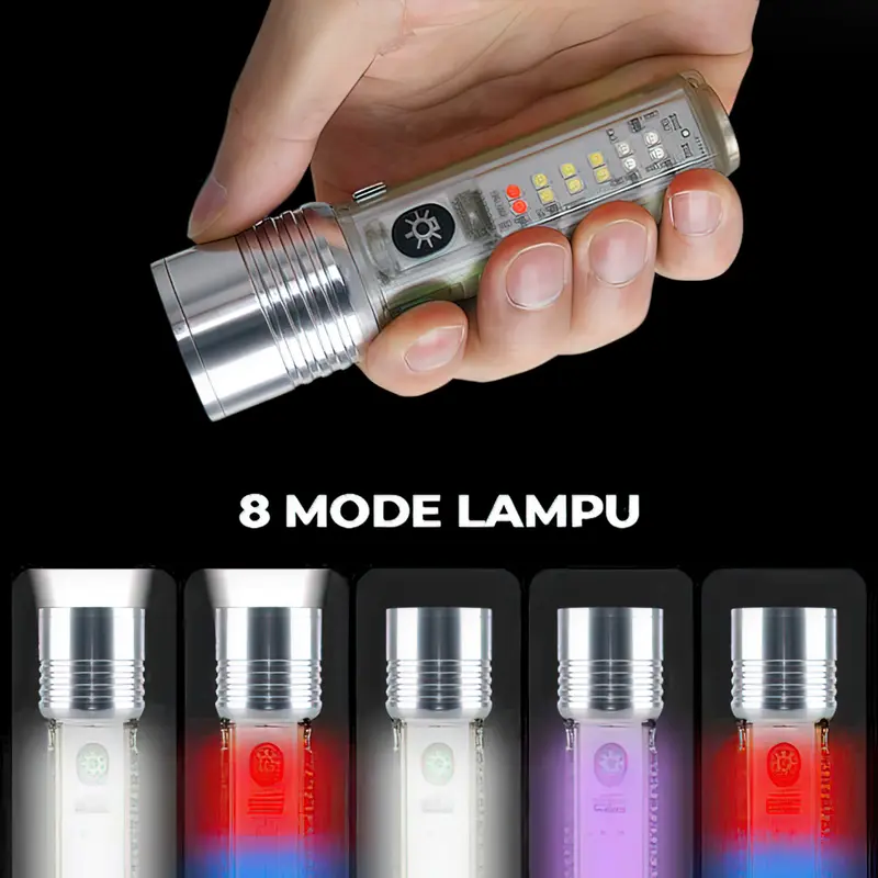 Senter Transparan Magnet Zoom in out Cas 8 Mode Warna 30W Waterproof Flashlight 520A 520 Series 6