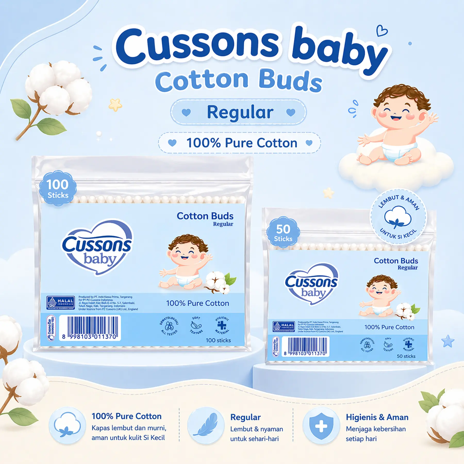 Cussons Baby Cotton Buds Regular - Pembersih Telinga Bayi 100 stik / 50 stik