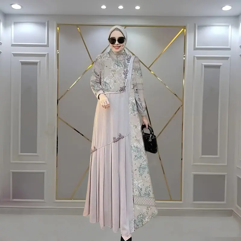 Gamis Jumbo Elegan Terbaru Kain Silk Motif Bunga Mewah Wanita Muslim  Dress LD UP TO 140 - Baju Busui & Wudhu Friendly 4