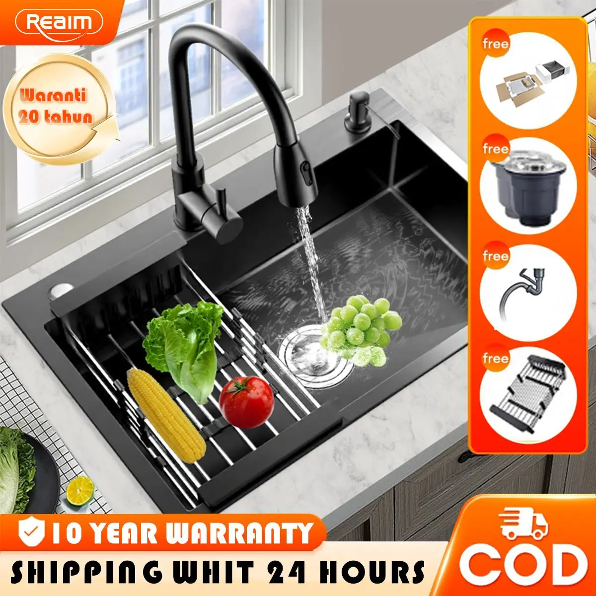 【5-Year Warranty】 Nano Coated 304 Stainless Steel Kitchen Sink Single & Double Bowl Black Silver Easy Clean High Quality Scratch Resistant Durable Design Perfect for Modern Kitchens RM9.9 Promo