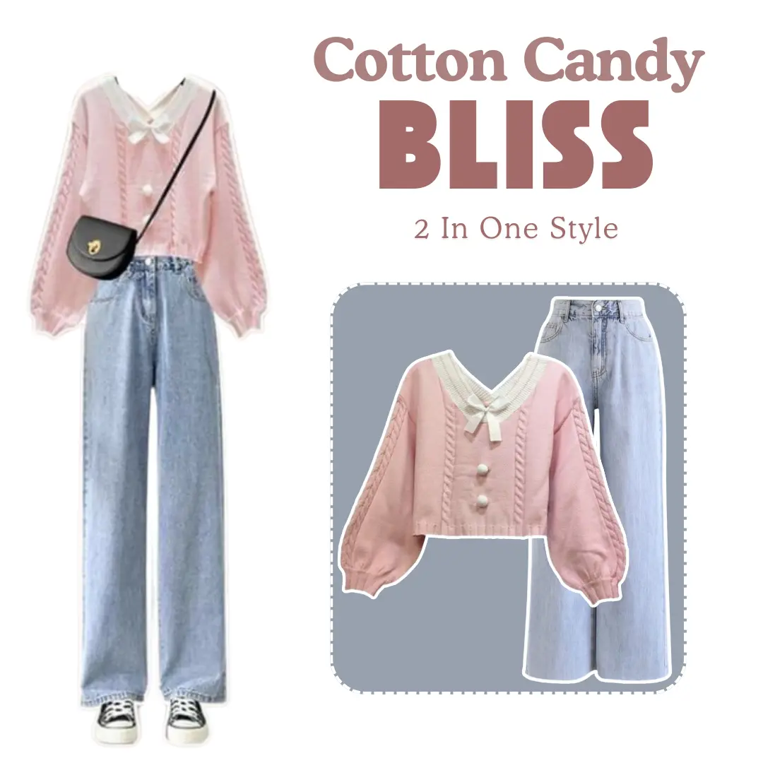 Setelan Wanita Korean Style Kawai Sweater Pink + Loose Pant Light Blue | BS95 - Celana