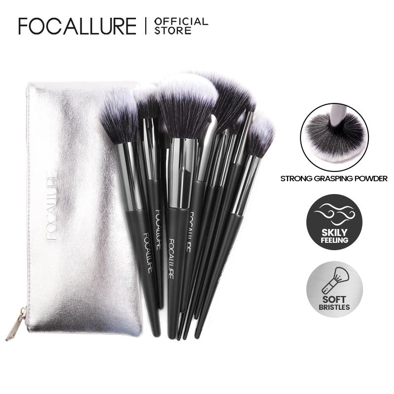 Set 10 cọ trang điểm FOCALLURE làm đẹp chuyên nghiệp có túi đựng màu bạc tiện lợi