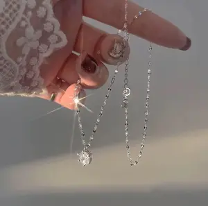 Kalung titanium wanita rantai pecah kopi liontin permata bulat Elegan