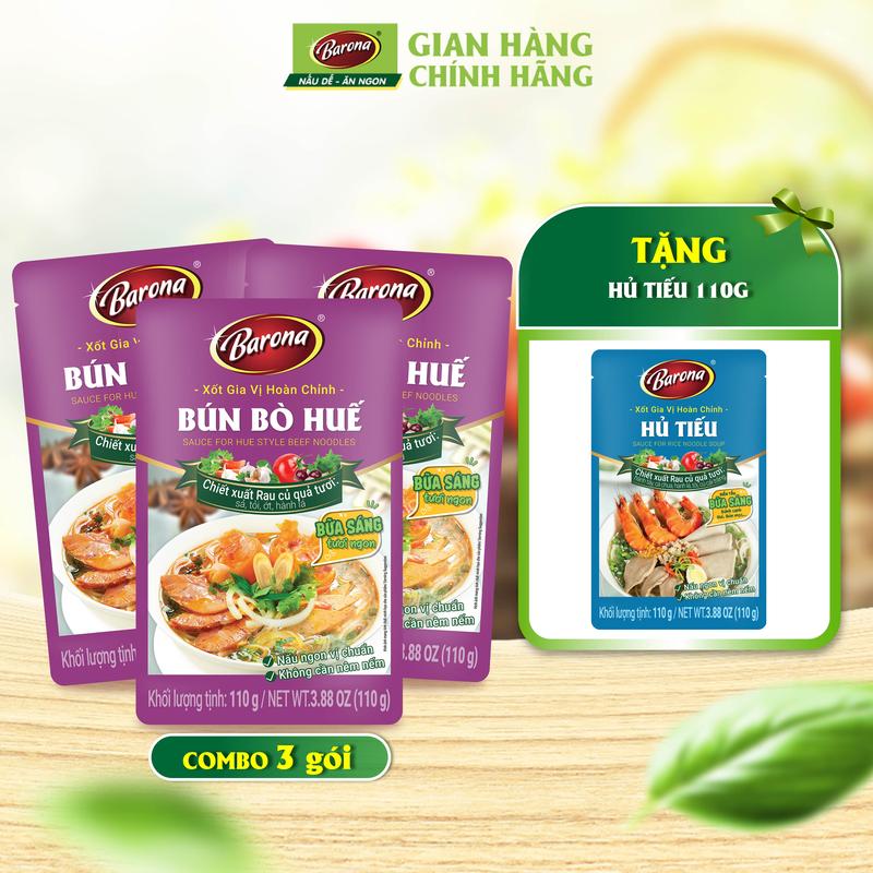 Combo 3 gói Gia Vị Bún Bò Huế Barona 110g [Tặng 1 gói Gia Vị Hủ Tiếu Barona 110g]