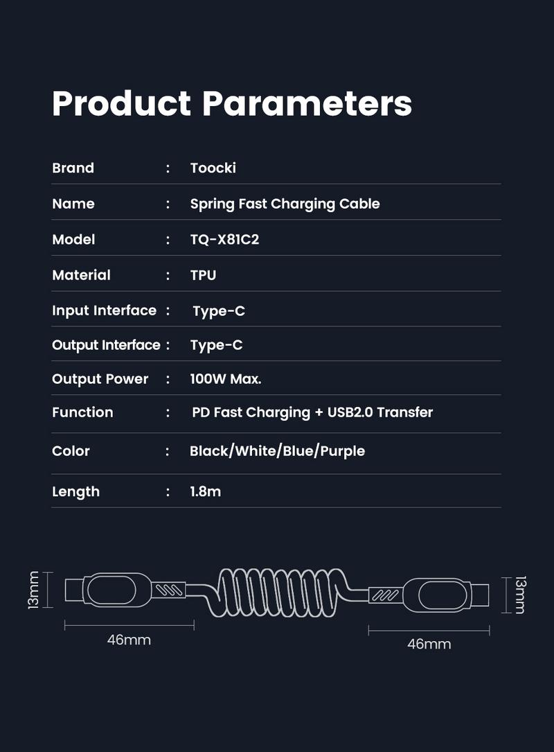 Product Introduction of Toocki PD100W Type C To Type C Spring Fast Charging Cable 6A USB A To Type C Fast Data Line A-L 20W C-L Car Charger Wire 1.8m 31