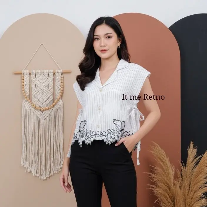 MARIPOSA VEST Wanita Semiwol Strip x Bordir Tali Pinggang Outer Remaja Dewasa