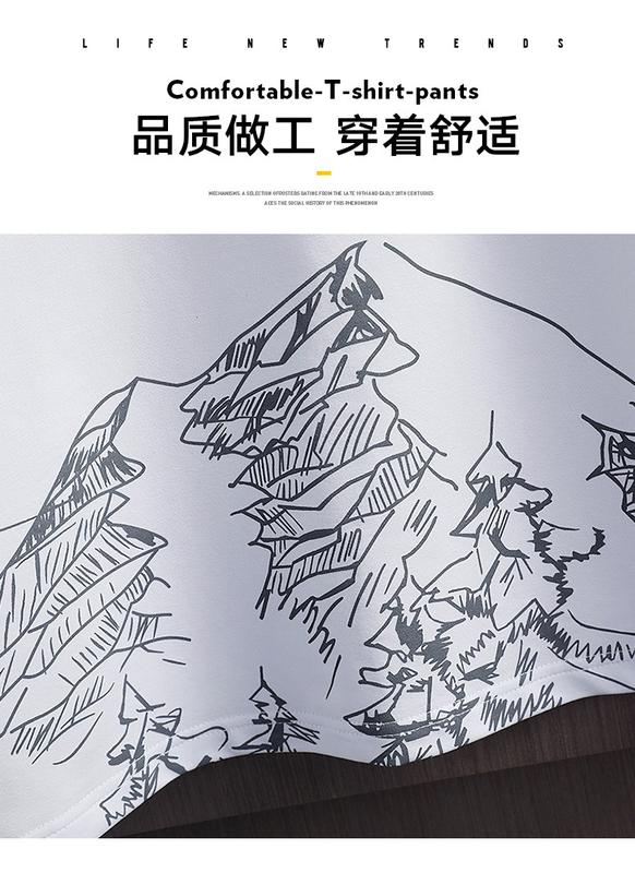 Product Introduction of Short-Sleeved T-shirt Suit Men's Summer New Snow Mountain Printing Fashion Trendy Slim Fit Large Size Sports Two-Piece Suit 5