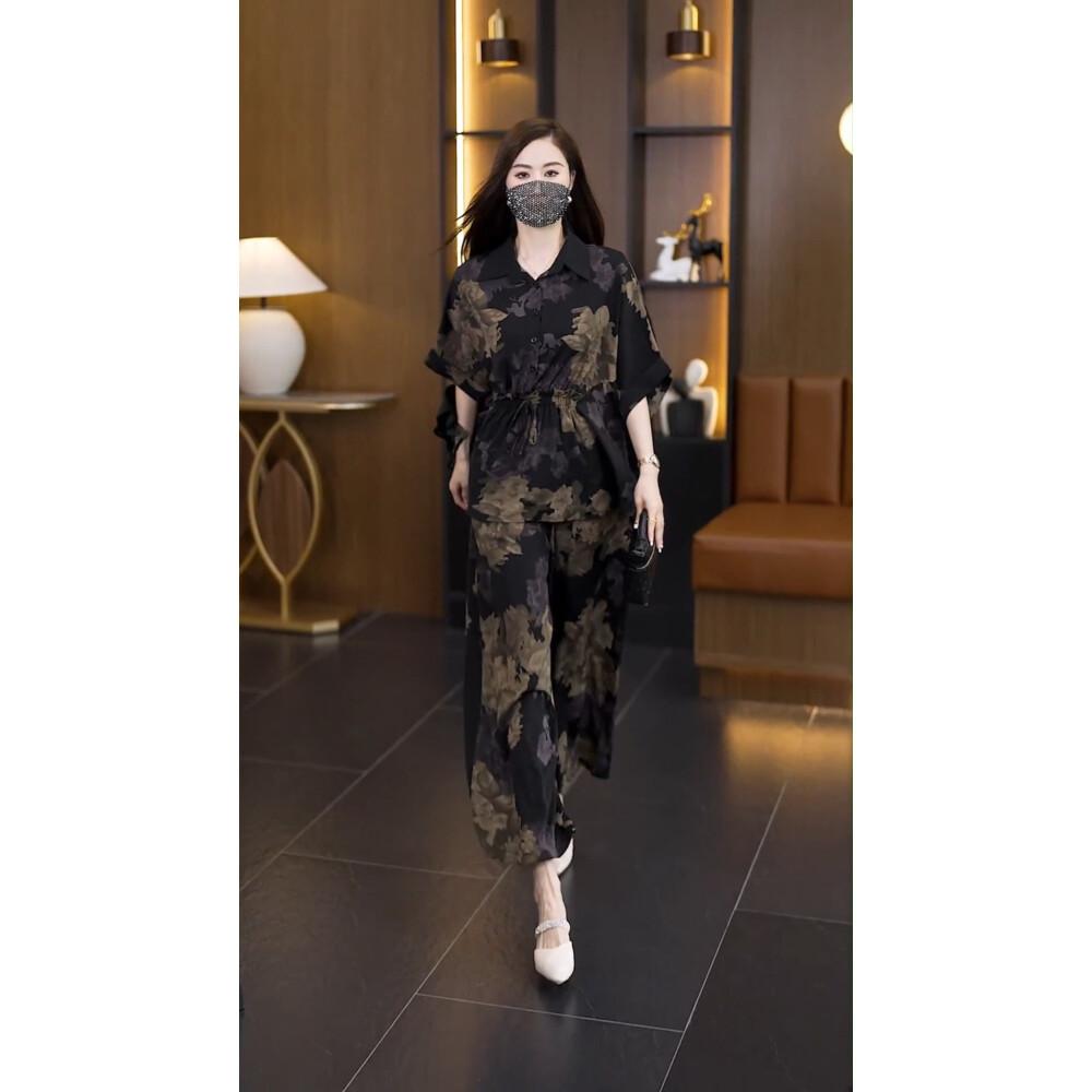 FADFAD setelan wanita atasan berkerah lengan model kelelawar dengan celana panjang motif bunga