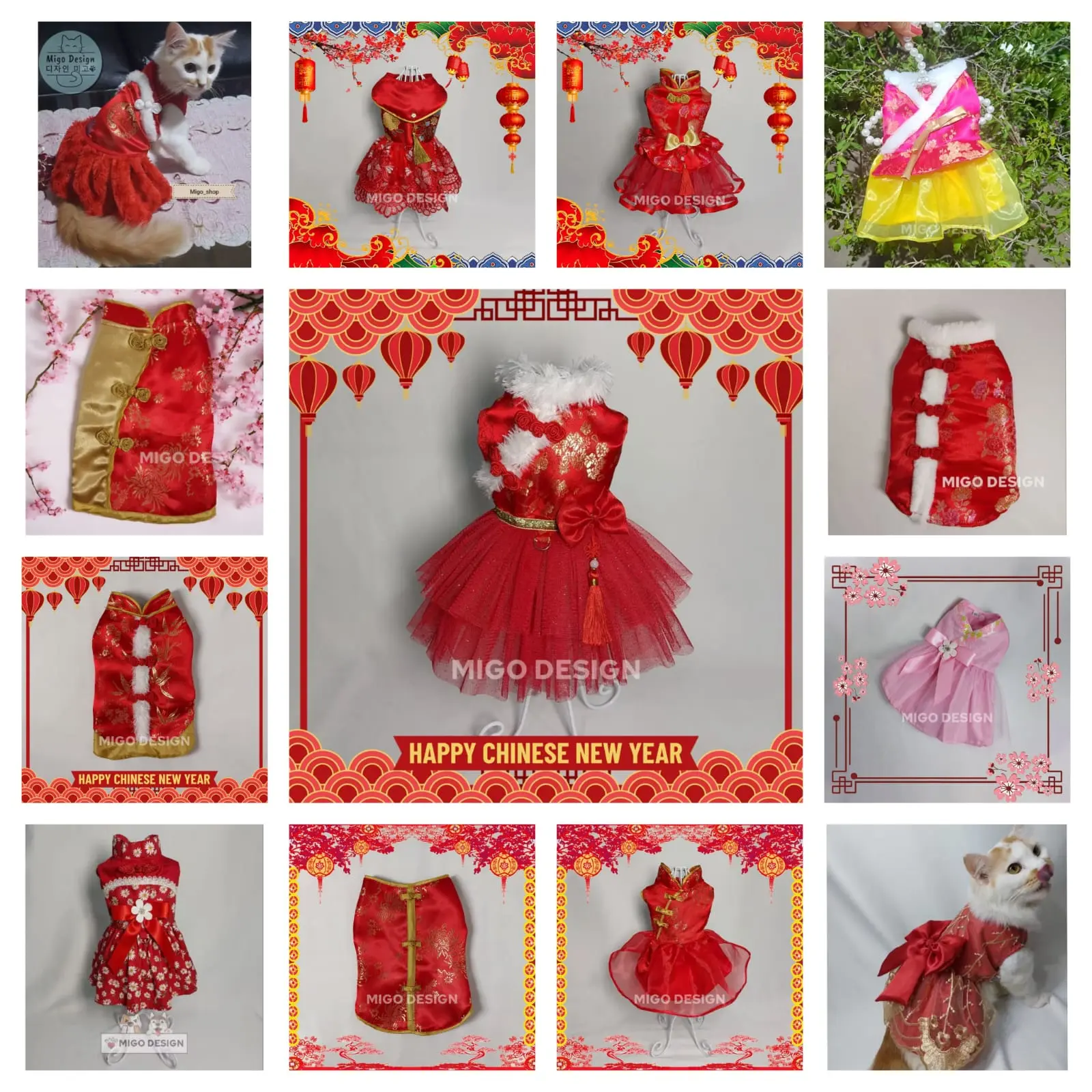 [Migo Design CNY LIMITED EDITION] Baju Imlek Kucing/ Anjing Chinese New Year Lunar Sincia Cheongsam  / Pakaian AnaBul Kucing/  Anjing  Hewan Peliharaan Jantan Betina / Pet Costume Pesta Tahun Baru Dress Red Merah Mini Imut Premium