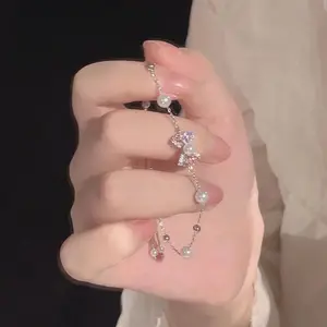 【zhamus】Gelang Mutiara Pita Manis - Heart of Mind Bracelet, Gelang Niche Mewah Cahaya, Chain Gentle & Fashion High-end & Versatile, Hadiah Spesial untuk Teman Wanita