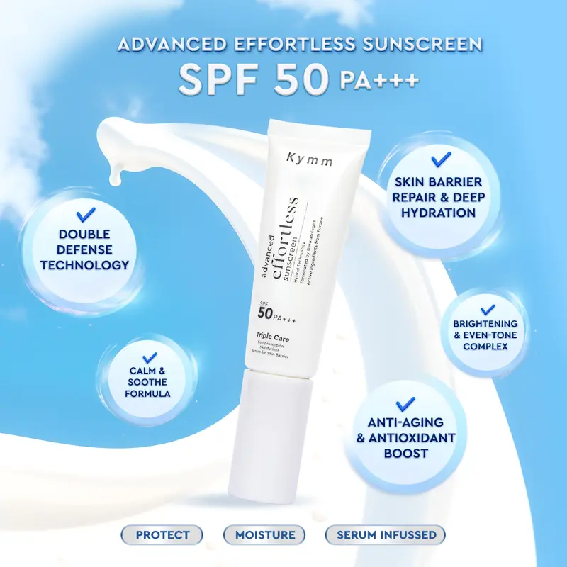 [LIVE] [UPGRADED] KYMM SKIN Advanced Effortless Sunscreen SPF 50 PA+++ | Hybrid Glass Skin Glow Finish for Normal to Dry In Vivo Tested | Perawatan Perlindungan Matahari Sunblock Tabir Surya Skin Barrier Kulit Kering | Ceramide Phytocell Vit C Ectoin 3